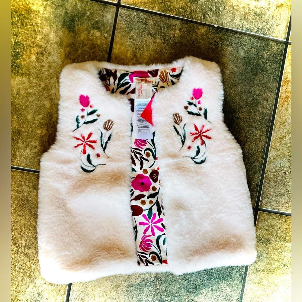 NWT! DU Pareil Boutique Kids Floral Reversible Embroidered Faux Fur Vest